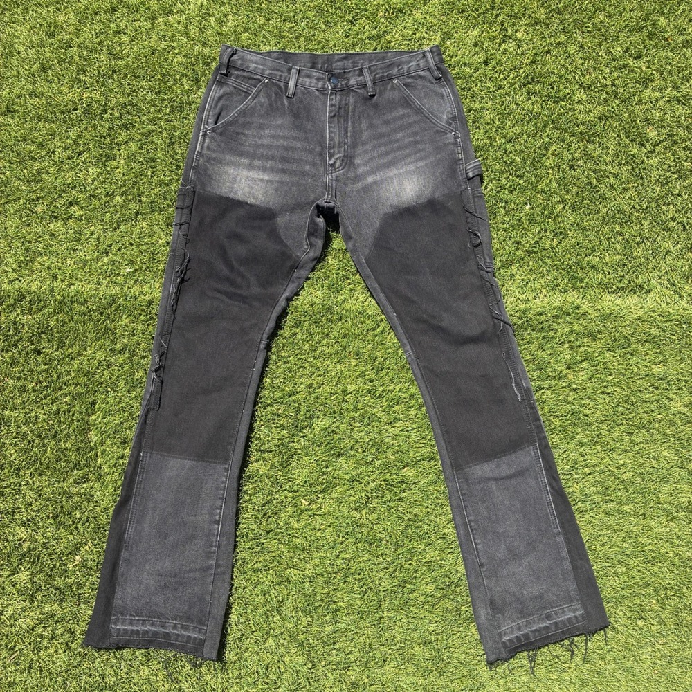 MNML Mens 34x34 Custom Double Knee Carpenter Jeans Black Grey Paneled Flared Y2K